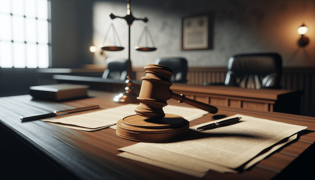 A gavel rests on papers in a courtroom, underscoring the gravity of justice. In the background, scales of justice remind us of fairness, as issues like affordable housing and matters such as failing to report income to Section 8 often find their resolution within these walls.