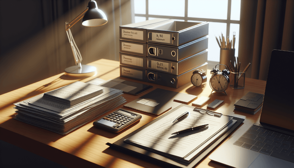 A tidy desk with stacks of papers, ring binders, a calculator, and two clocks sits ready for action. Amidst sunlight streaming through the window, a laptop awaits updates on the section 8 waitlist alongside pens poised for notes.