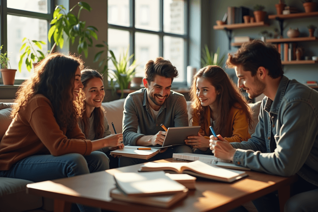 Five young adults, including section 8 college students, sit together in a bright living room, smiling and collaborating with notebooks and a tablet, surrounded by books and plants.