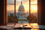 View of the U.S. Capitol building at sunset from an office window, with an open book and documents on the desk featuring notes about a big beautiful bill and Section 8 proposals in the foreground.