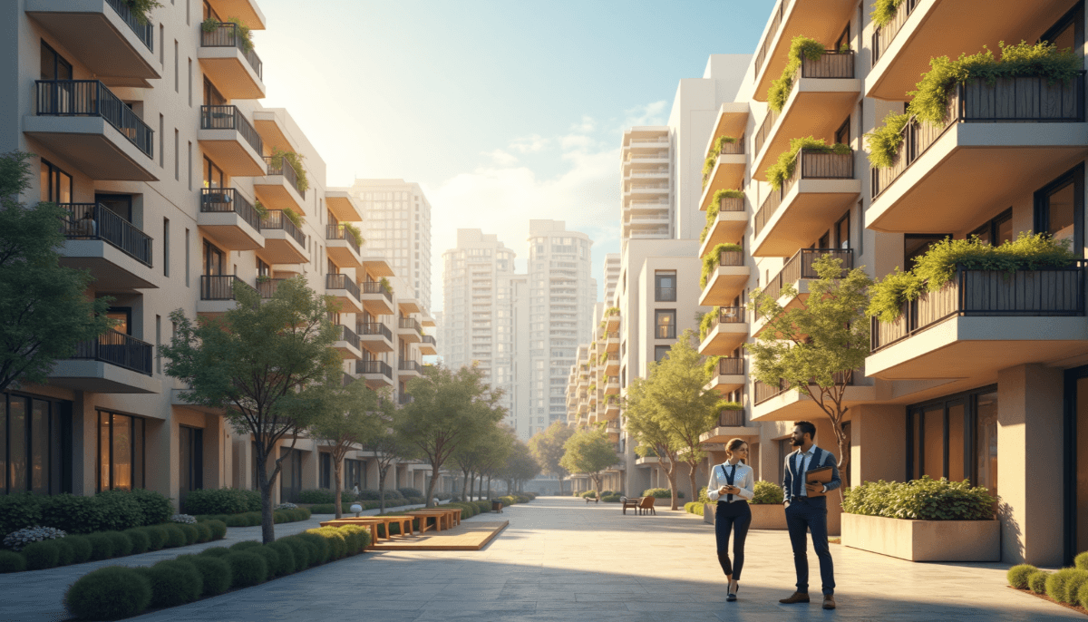 A modern city street lined with mid-rise apartment buildings featuring balconies and greenery, some of which offer section 8 portability, with two people walking and conversing in the foreground.