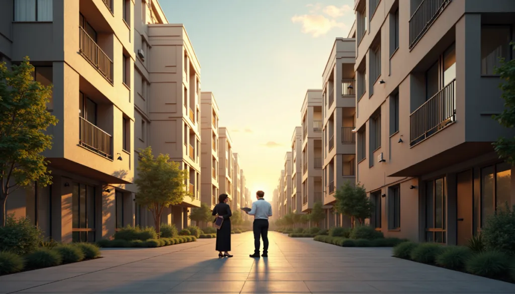 Two people stand and talk in the middle of a modern apartment complex walkway at sunset, surrounded by trees and multi-story buildings.