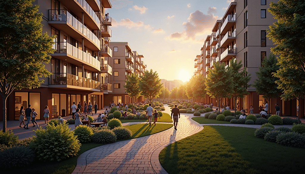People walk and relax along a landscaped pathway between modern apartment buildings at sunset, where residents benefit from programs like Section 8 Income Limits.