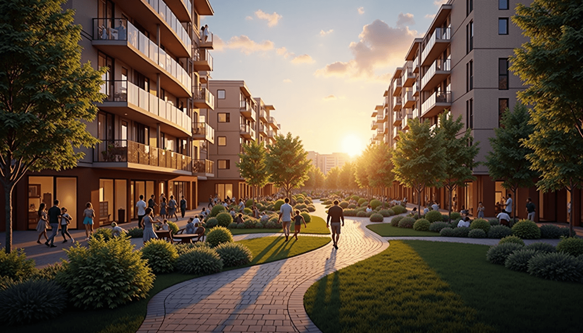 People walk and relax along a landscaped pathway between modern apartment buildings at sunset, where residents benefit from programs like Section 8 Income Limits.