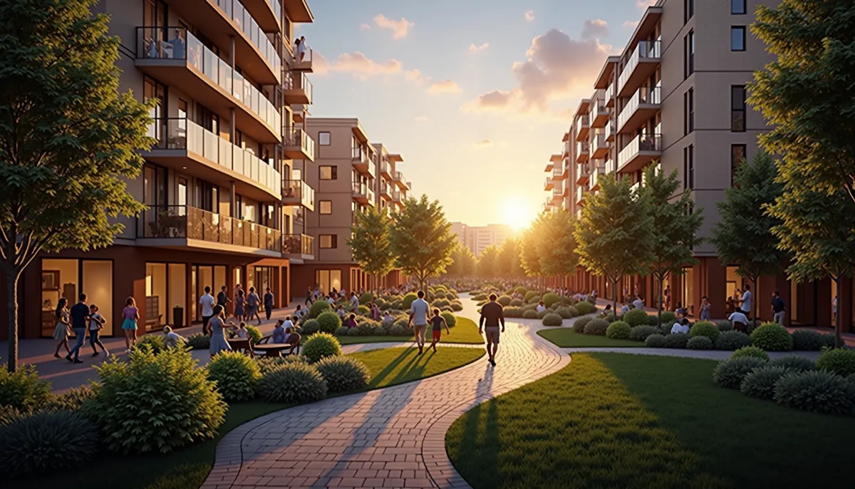 People walk and relax along a landscaped pathway between modern apartment buildings at sunset, where residents benefit from programs like Section 8 Income Limits.