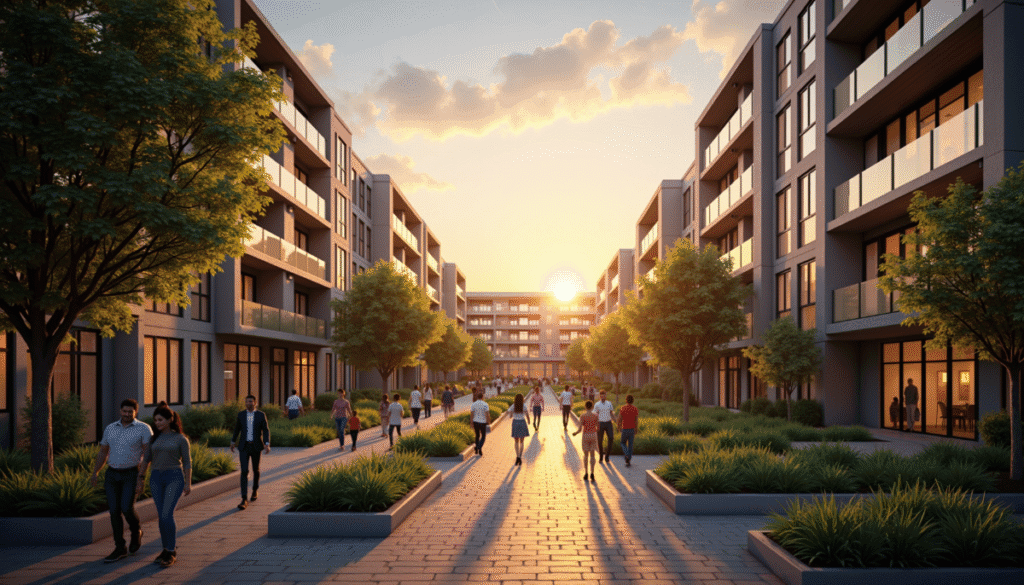 People walk along a wide, landscaped pedestrian pathway between modern apartment buildings at sunset, where many residents keep an eye on HUD Income Limits for affordable housing options.