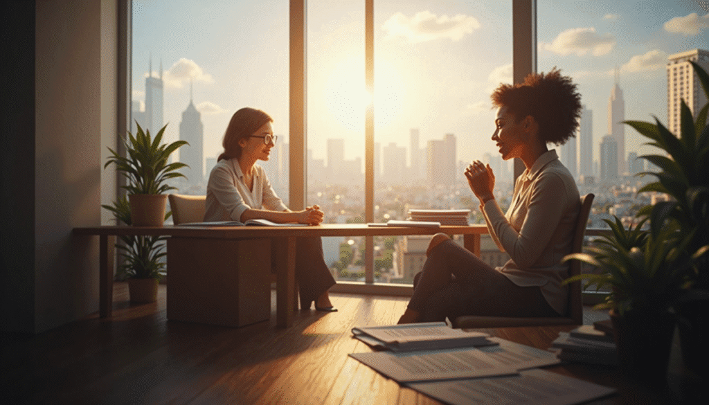 Two women sit across from each other in an office with large windows, discussing qualifying for Section 8 as sunlight streams in and city buildings are visible in the background.