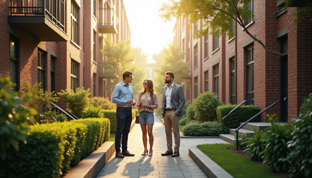 Three people stand and talk on a brick-paved walkway between modern apartment buildings, surrounded by greenery and warm sunlight—an inviting setting ideal for a Section 8 landlord working with housing authorities.