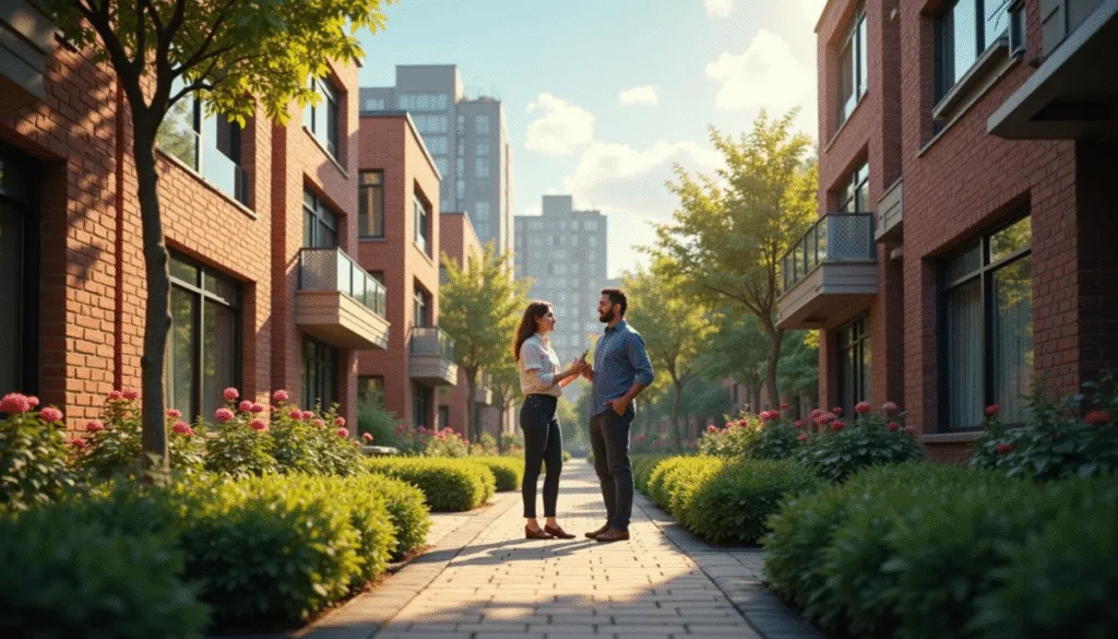 A man and woman stand facing each other, talking about section 8 landlord options in a landscaped walkway between modern brick apartment buildings on a sunny day.
