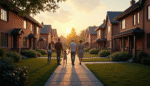 A family of five walks hand in hand down a sidewalk between rows of suburban houses at sunset, warm light casting long shadows and well-kept lawns—illustrating the comfort that clear section 8 portability rules can help families find.