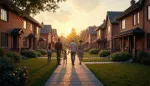 A family of five walks hand in hand down a sidewalk between rows of suburban houses at sunset, warm light casting long shadows and well-kept lawns—illustrating the comfort that clear section 8 portability rules can help families find.