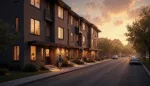 Modern townhouses line a quiet street at sunset as people socialize on front steps. Warm lights glow from windows and cars are parked along the curb. For those on the Section 8 waitlist, consider this helpful emergency tip: always check local housing updates.