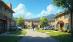 A sunny day in a suburban apartment complex with tan buildings, green lawns, and people walking along the sidewalks. Mountains and fluffy clouds rise in the distance, while cars are parked outside amid discussions about recent Section 8 eviction notices.