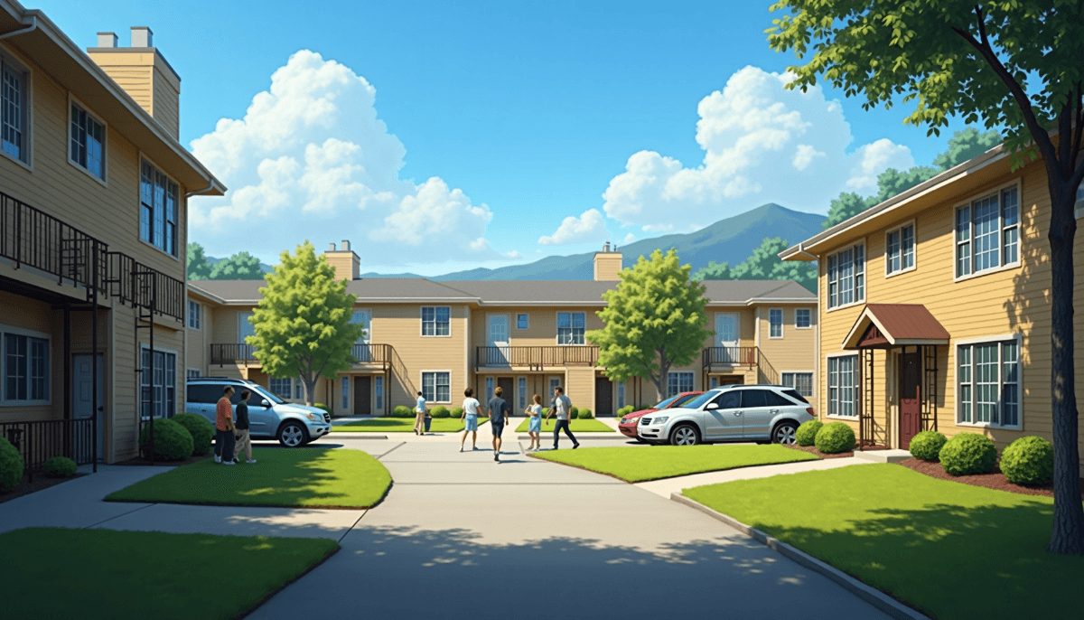 A sunny day in a suburban apartment complex with tan buildings, green lawns, and people walking along the sidewalks. Mountains and fluffy clouds rise in the distance, while cars are parked outside amid discussions about recent Section 8 eviction notices.