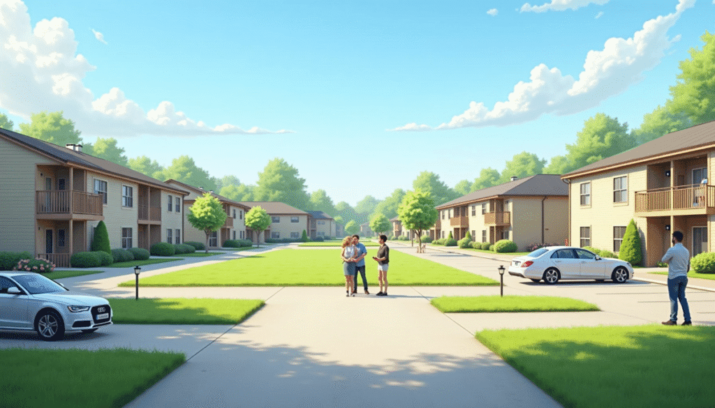 A sunny suburban apartment complex with two-story tan buildings, green lawns, and parked cars. Four people talk on the sidewalk near the trees and blue sky, discussing a recent section 8 eviction notice in their community.