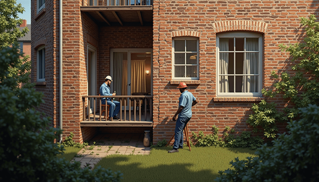 Two construction workers in blue uniforms and hard hats discuss section 8 lead paint requirements near a brick building; one stands on a small porch, while the other stands on a stone path surrounded by grass and bushes.