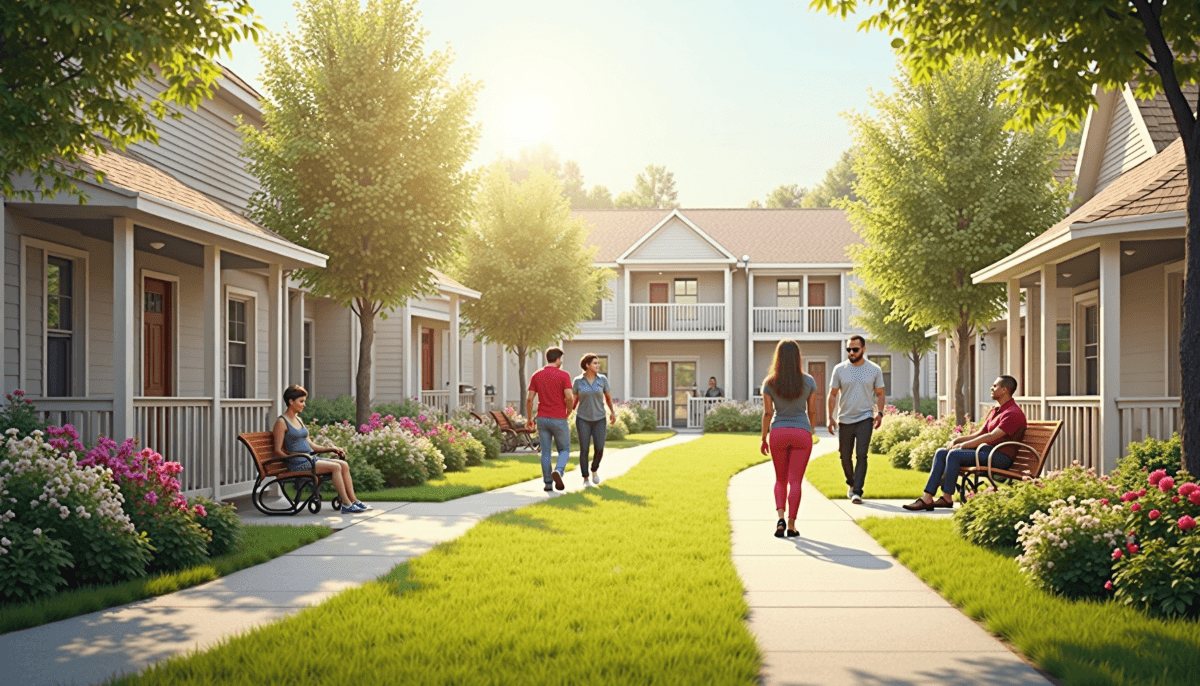 People walk and sit along a sunny, tree-lined path between cozy houses—some supported by veterans Section 8 programs—with porches and gardens. Neighbors chat or relax on benches, creating a welcoming neighborhood atmosphere.