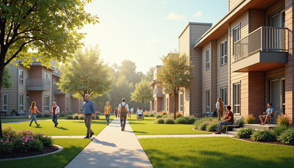 People walk and sit on benches along a sunny, landscaped courtyard surrounded by modern apartment buildings, some offering veterans Section 8 housing, with green lawns, trees, and colorful flower beds.