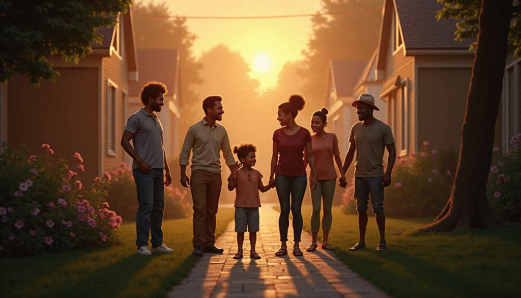 A group of six people, including two children meeting section 8 age requirements, walk together on a flower-lined path between houses at sunset, smiling and holding hands, creating a warm, joyful family scene.