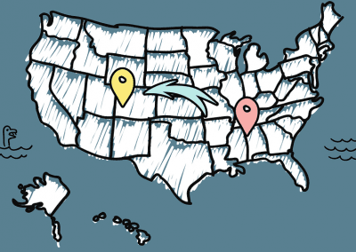 Illustration of a map of the United States with a yellow location pin in Colorado, a red location pin in Kentucky, and an arrow pointing from Colorado to Kentucky.