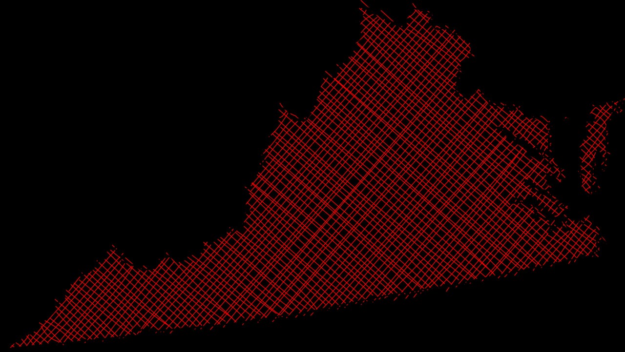 Outline map of Virginia, representing HUD housing programs, filled with a red crosshatch pattern on a black background.