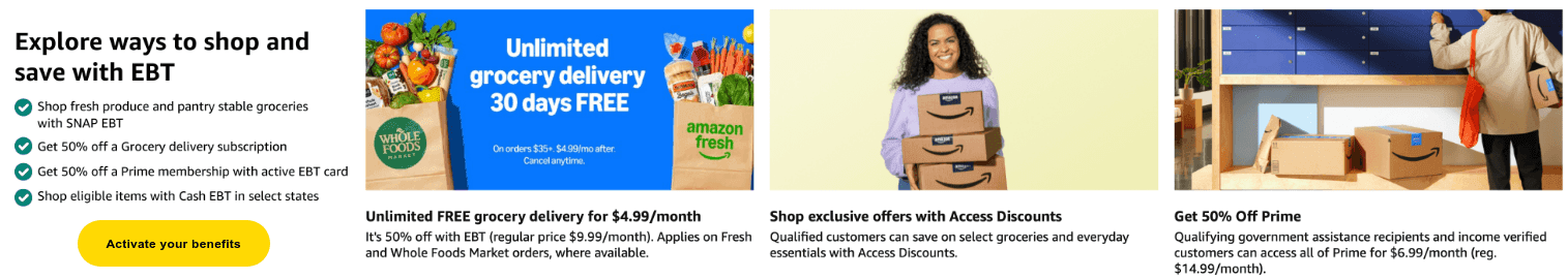 Banner showing EBT benefits: grocery delivery discounts, exclusive offers, and 50% off Prime for eligible customers, with an "Activate your benefits" button.