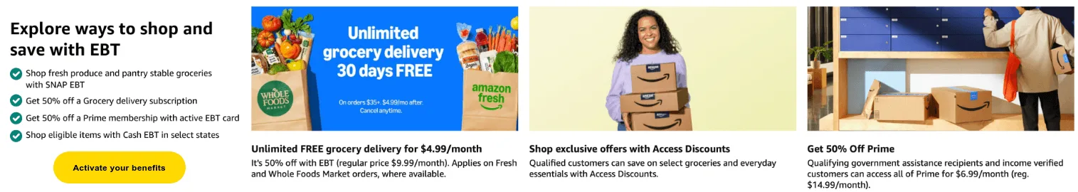 Banner showing EBT benefits: grocery delivery discounts, exclusive offers, and 50% off Prime for eligible customers, with an "Activate your benefits" button.