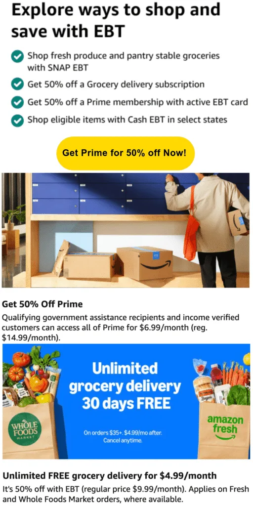 Promotional flyer detailing EBT benefits, 50% off Amazon Prime for eligible users, and a discounted or free grocery delivery offer from Amazon Fresh and Whole Foods with EBT.