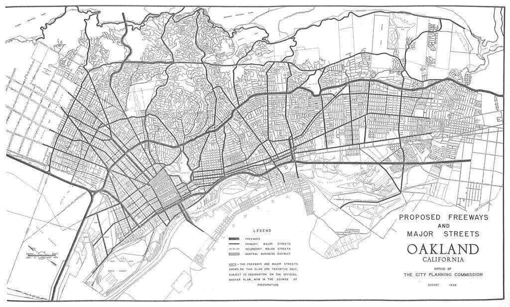 A black and white map showing proposed freeways, major streets, and the HUD housing waitlist areas in Oakland, California, created by the City Planning Commission.